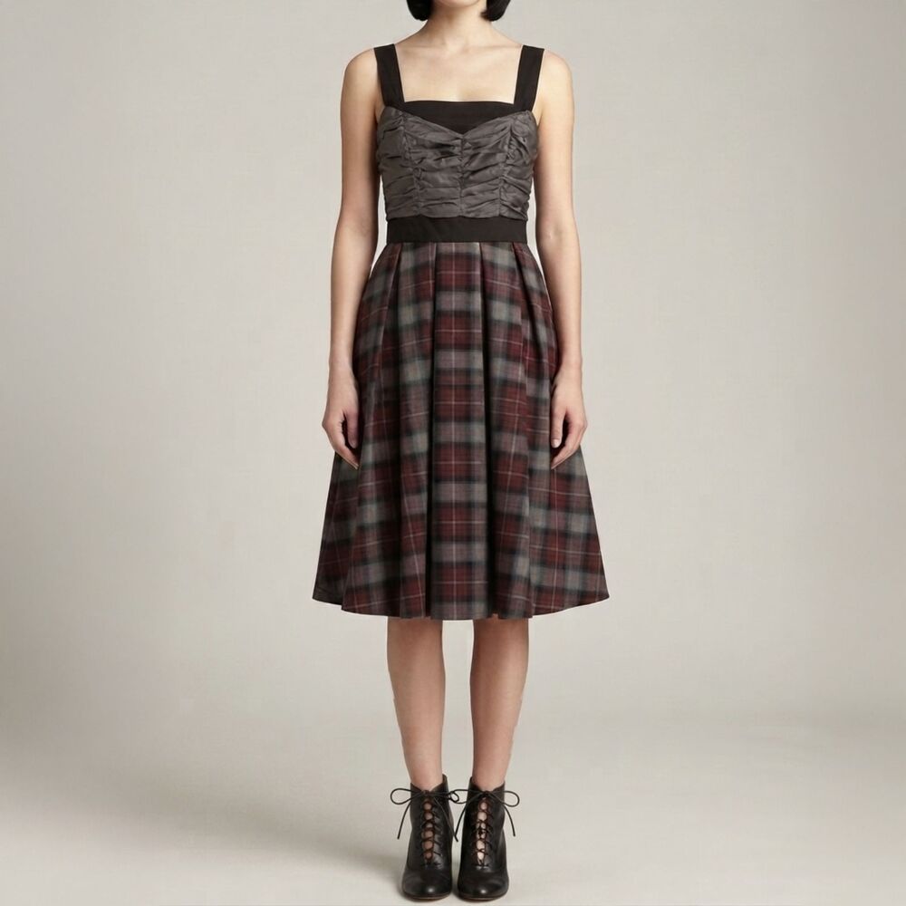 ModCloth Burlapp Plaid Silk Cotton Fit & Flare Dress L Made in USA